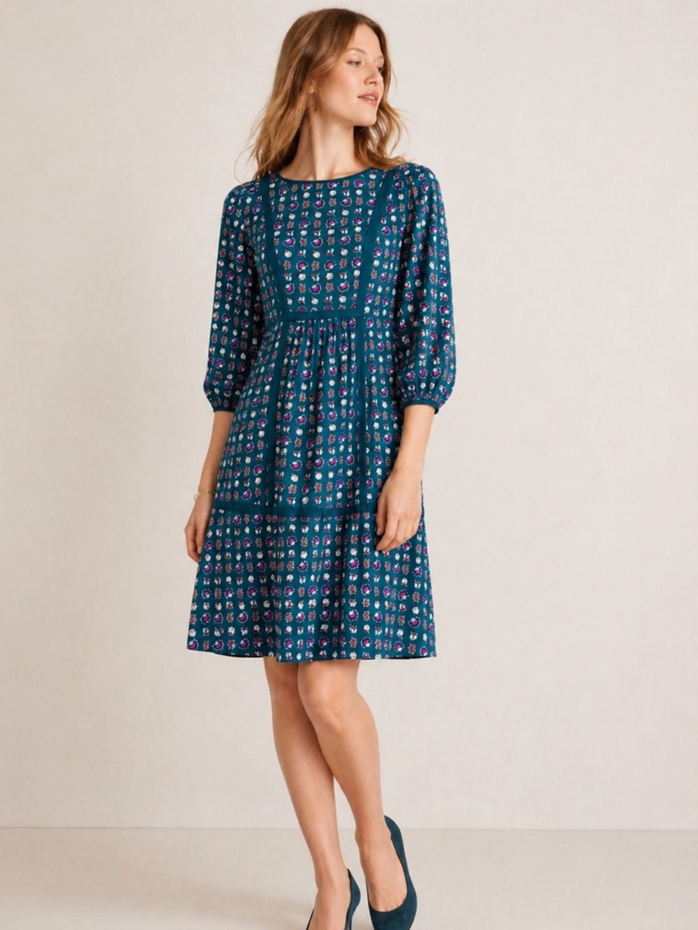 Boden Luna Floral Print Dress Teal Pink 3/4 Sleeve Fit & Flare Size 12